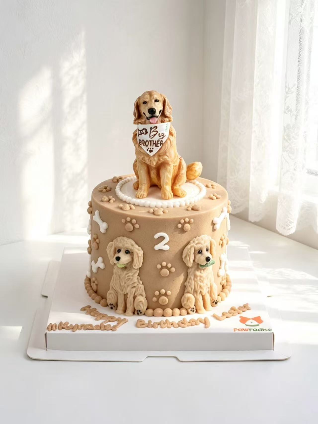 Detailed custom birthday cake decorated with golden retriever figures